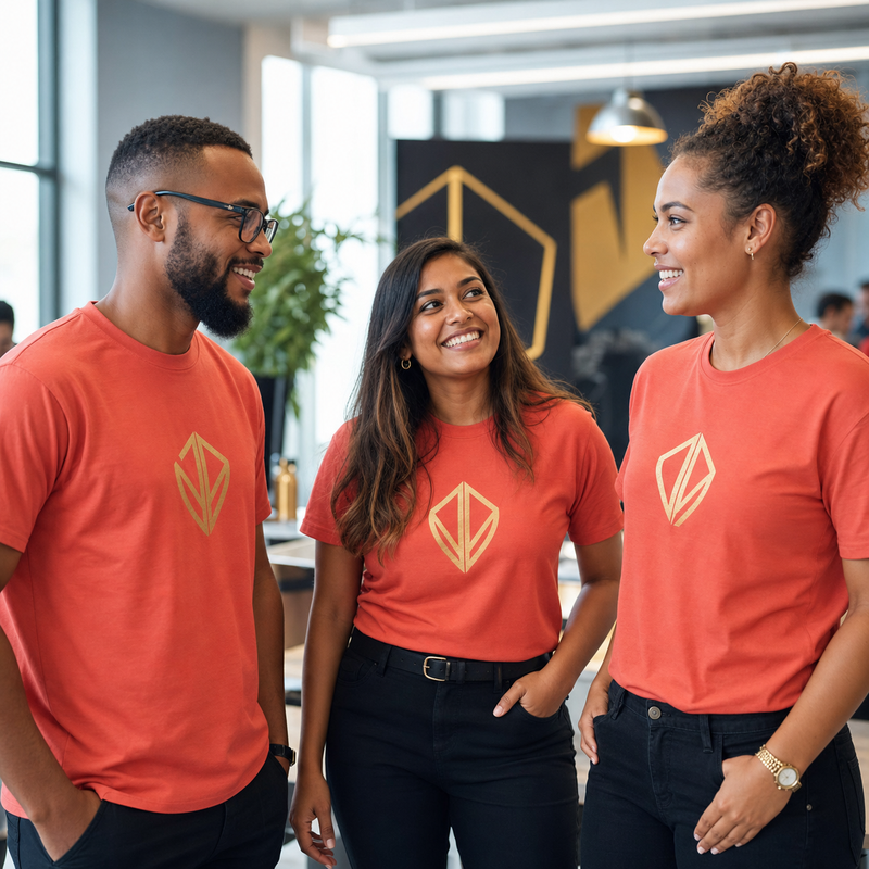 Diverse corporate team wearing matching coral branded T-shirts