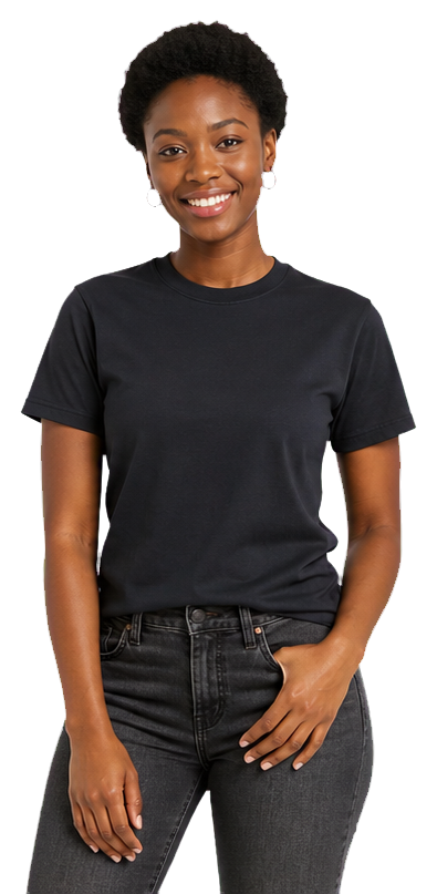 Woman wearing a premium charcoal T-shirt