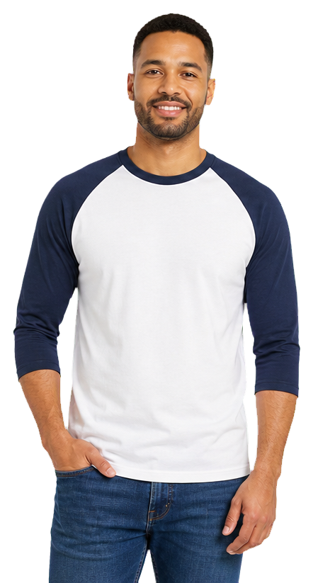 Man wearing a white and navy raglan T-shirt