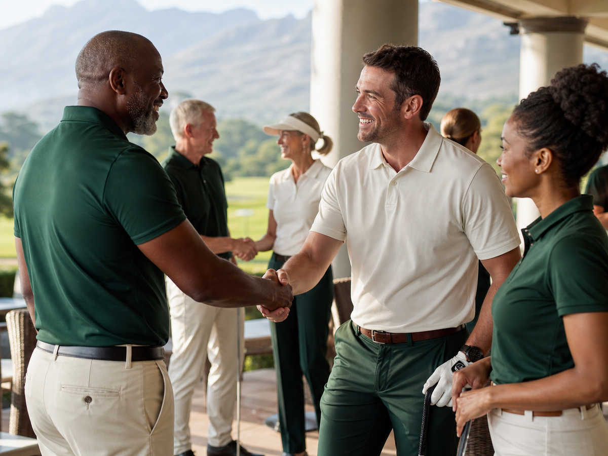 Corporate golfers greeting on a South African clubhouse terrace